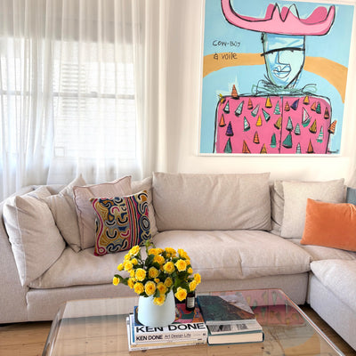 Custom vase arrangement of Australian grown yellow roses in MUD ceramic Australia vase styled in living room with Jakey Pedro artwork
