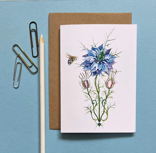 Greeting card 'The Nigella with her little blue bee' by Anthea Ben Naim